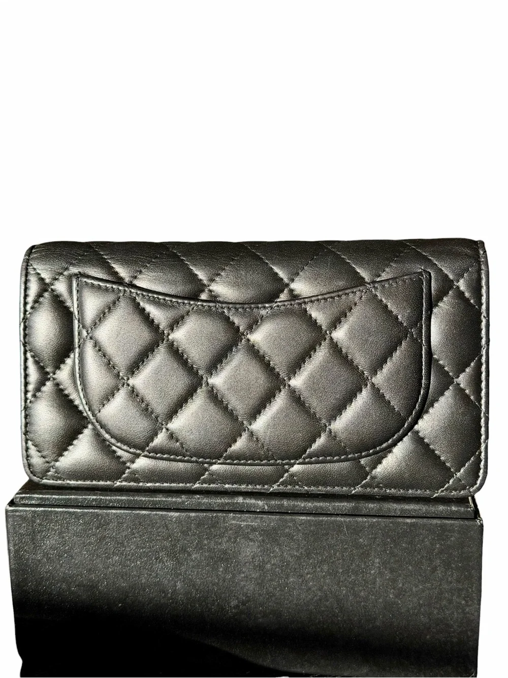 CHANEL Quilted Card Holder in Metallic Gray with Gold CC